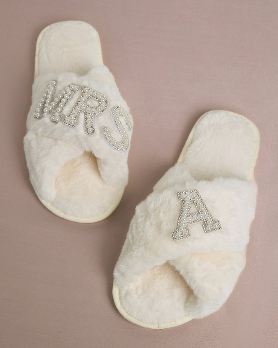 MRS & Initial Pearl Fuzzy Bridal Slippers OMFORT