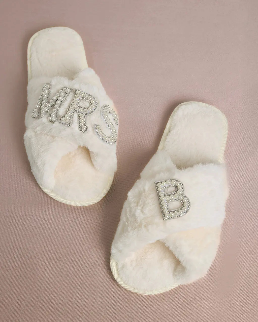 MRS & Initial Pearl Fuzzy Bridal Slippers OMFORT