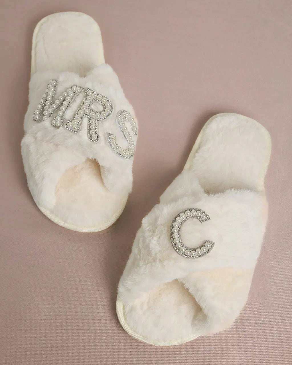 MRS & Initial Pearl Fuzzy Bridal Slippers OMFORT