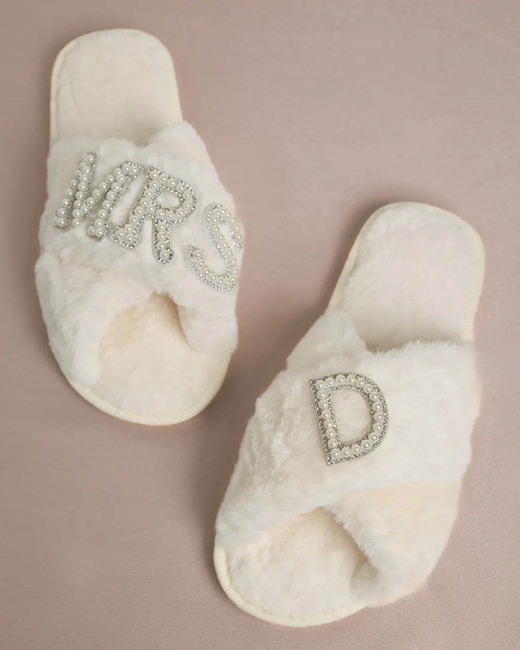 MRS & Initial Pearl Fuzzy Bridal Slippers OMFORT