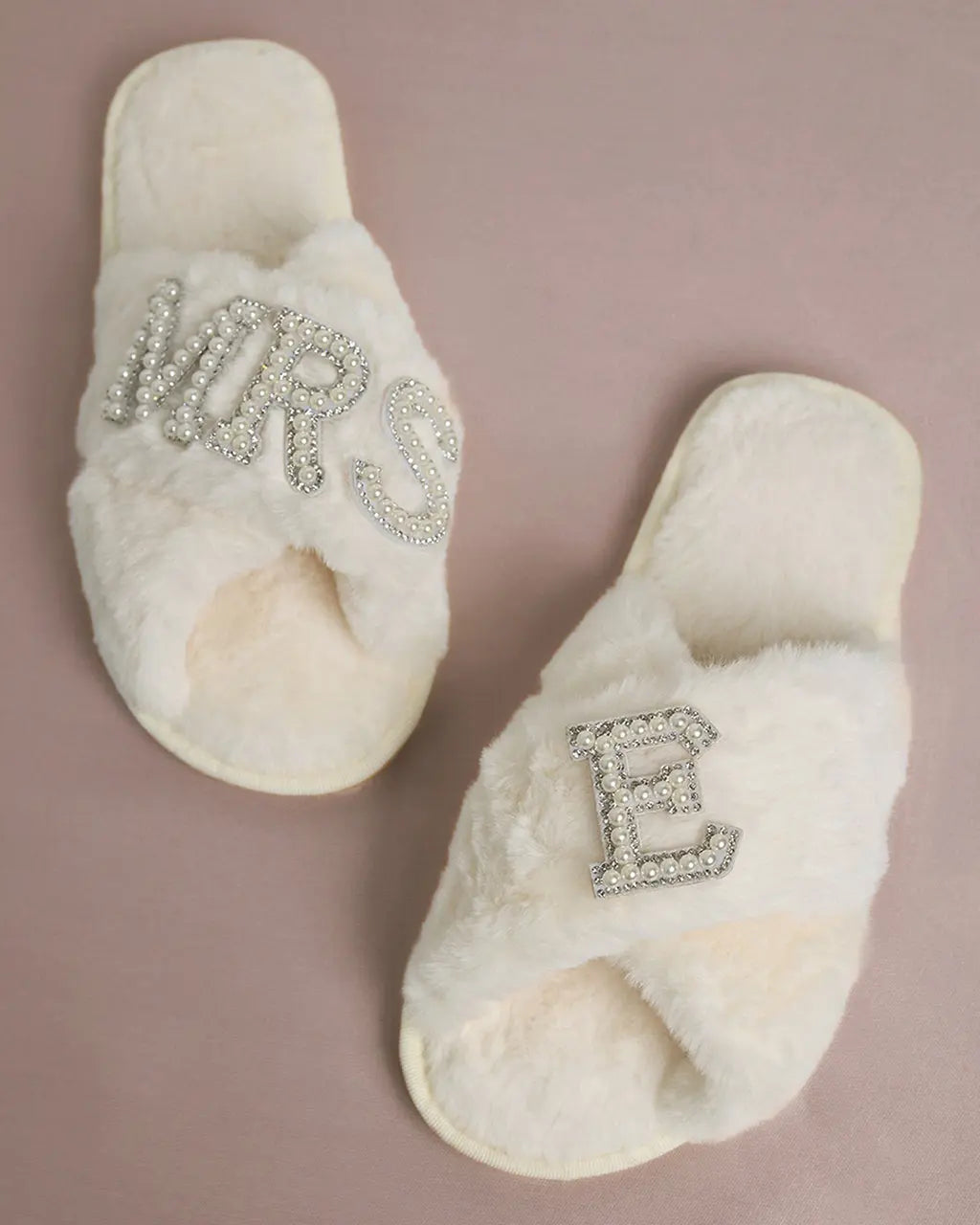 MRS & Initial Pearl Fuzzy Bridal Slippers OMFORT