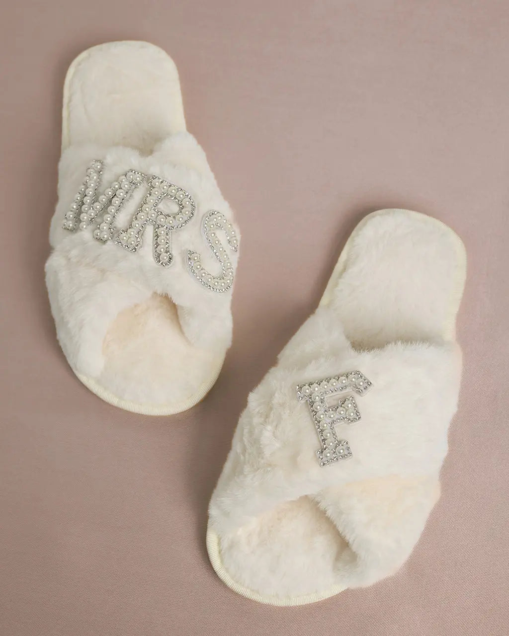 MRS & Initial Pearl Fuzzy Bridal Slippers OMFORT