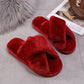 Cream White Cross Band Fuzzy Slippers OMFORT