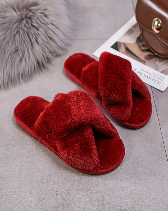 Cream White Cross Band Fuzzy Slippers OMFORT