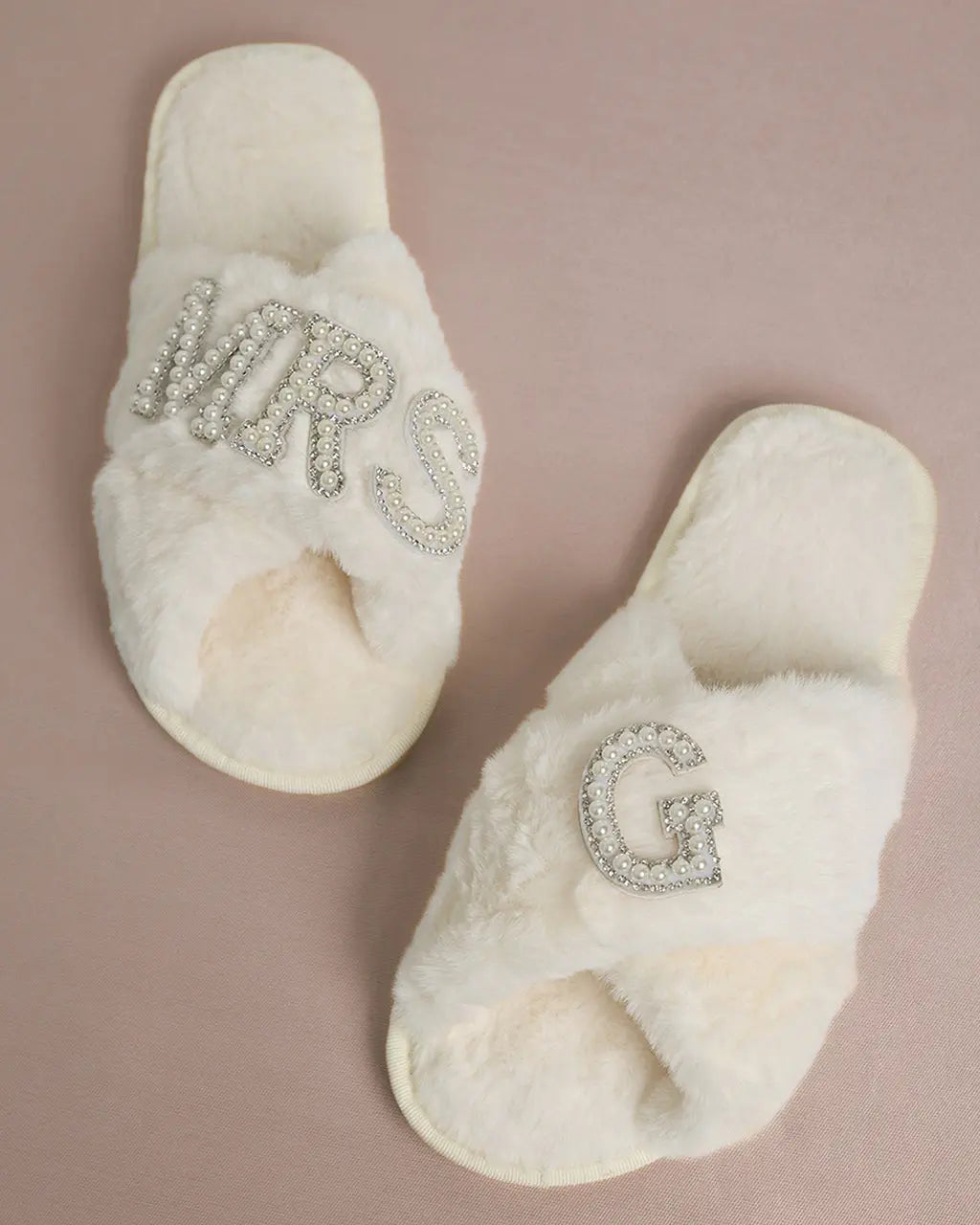 MRS & Initial Pearl Fuzzy Bridal Slippers OMFORT