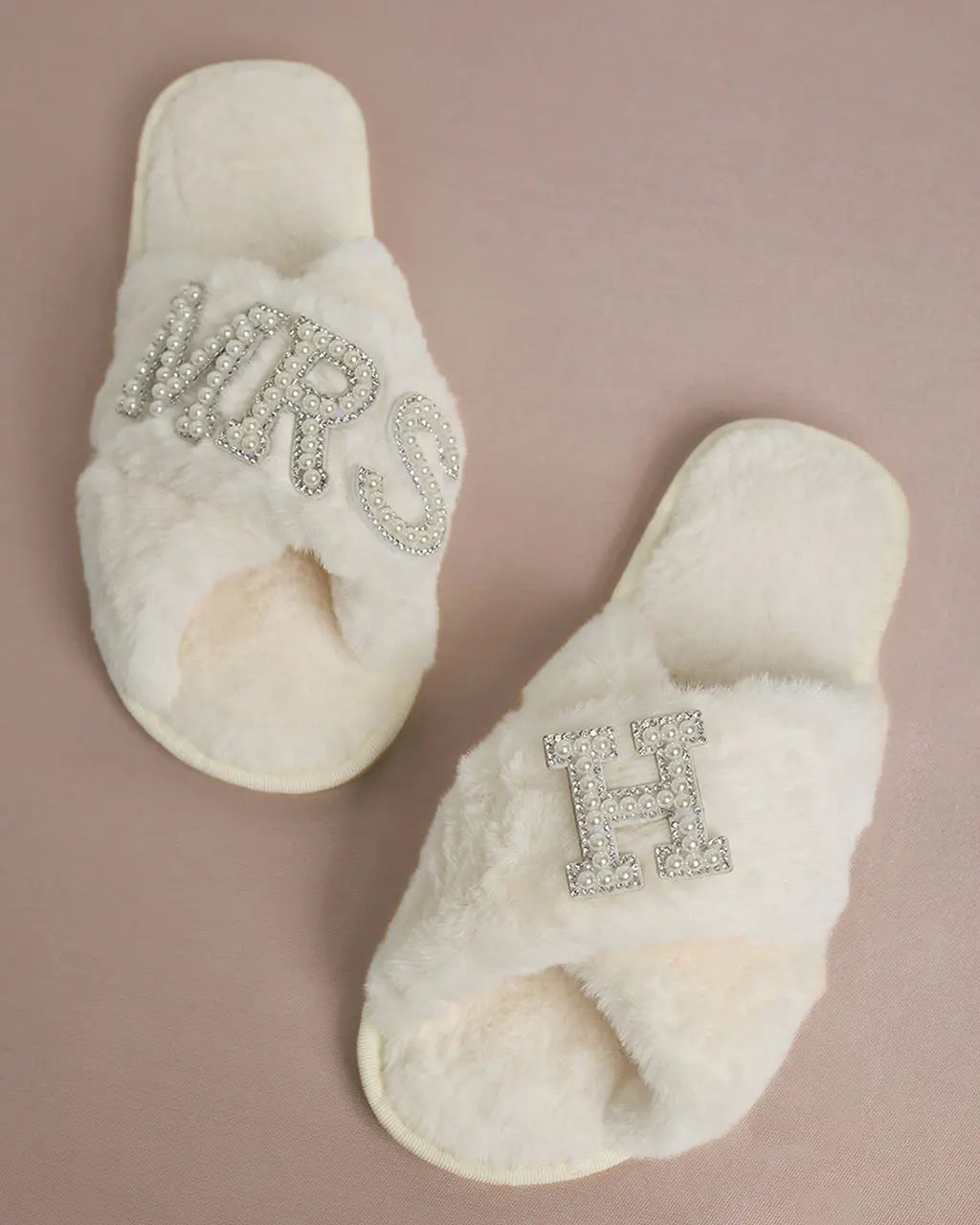 MRS & Initial Pearl Fuzzy Bridal Slippers OMFORT