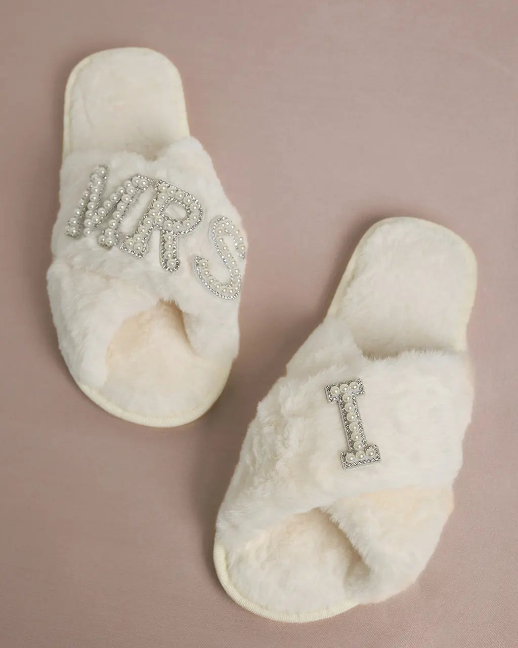 MRS & Initial Pearl Fuzzy Bridal Slippers OMFORT