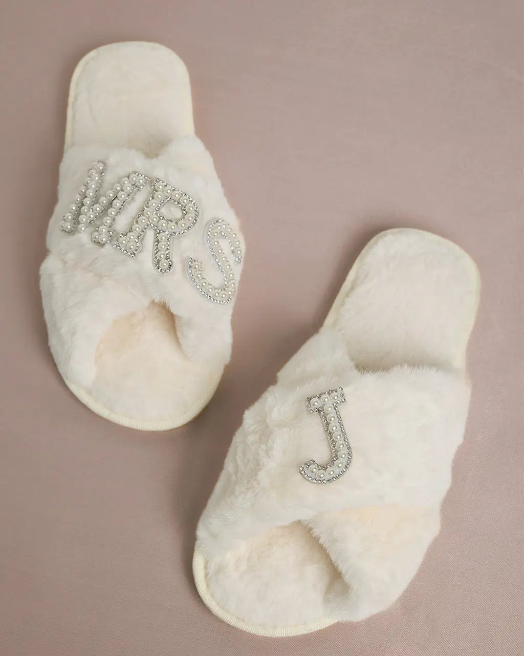 MRS & Initial Pearl Fuzzy Bridal Slippers OMFORT