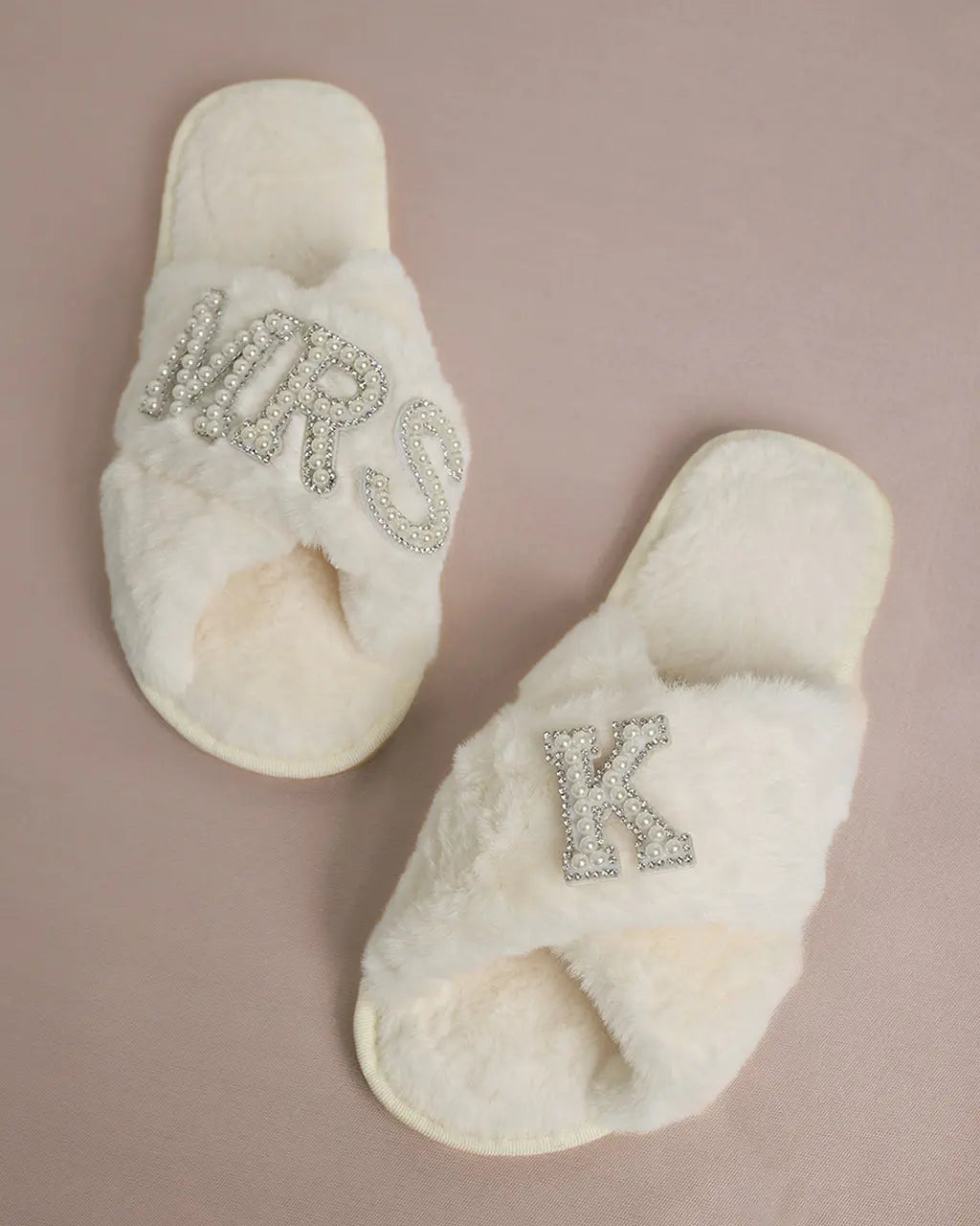 MRS & Initial Pearl Fuzzy Bridal Slippers OMFORT