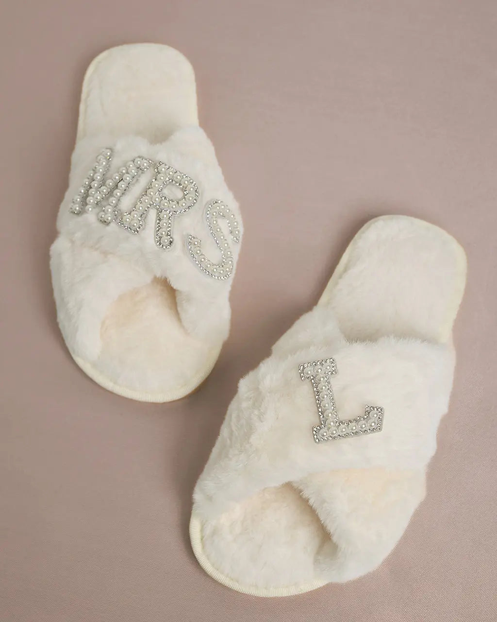 MRS & Initial Pearl Fuzzy Bridal Slippers OMFORT