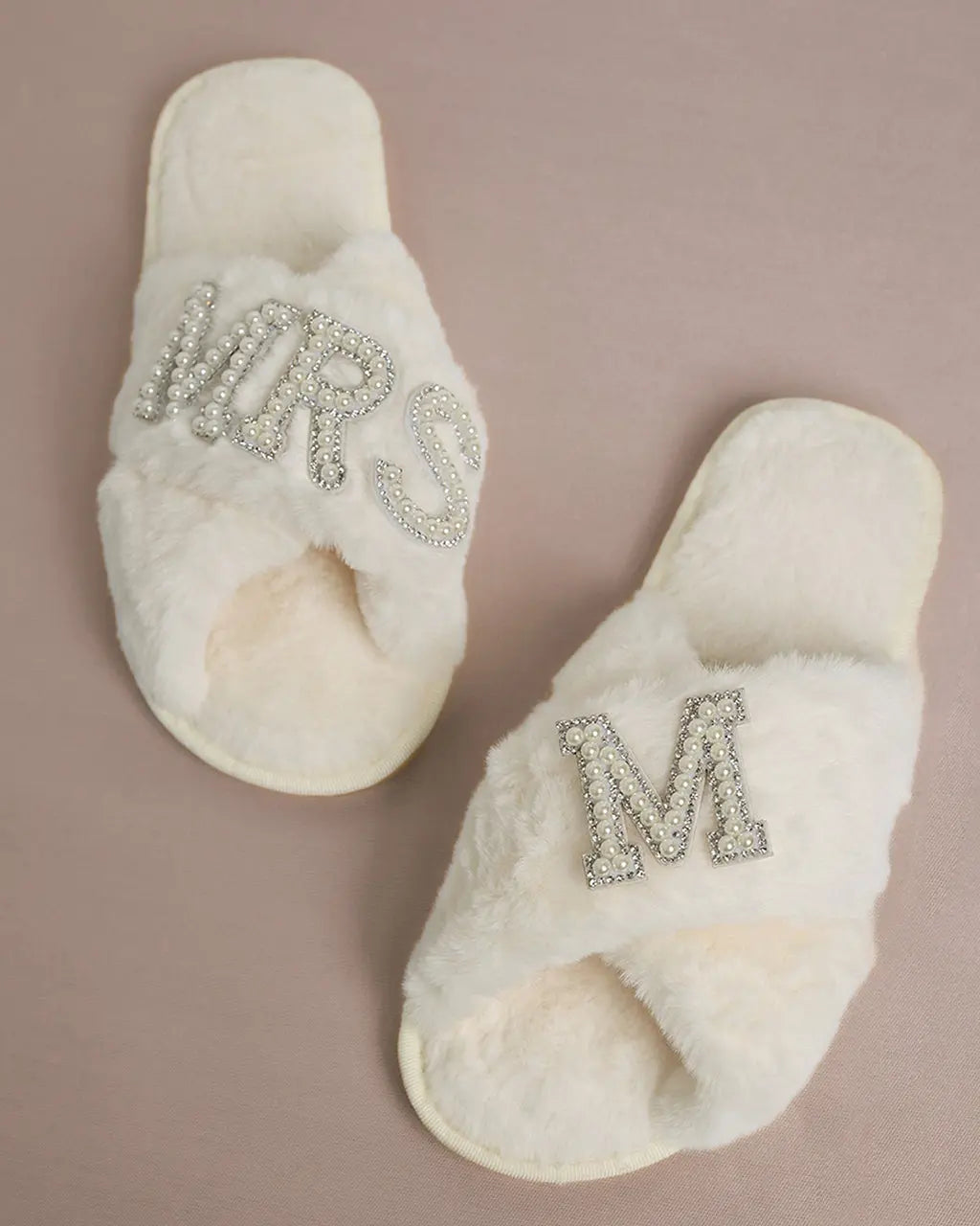 MRS & Initial Pearl Fuzzy Bridal Slippers OMFORT