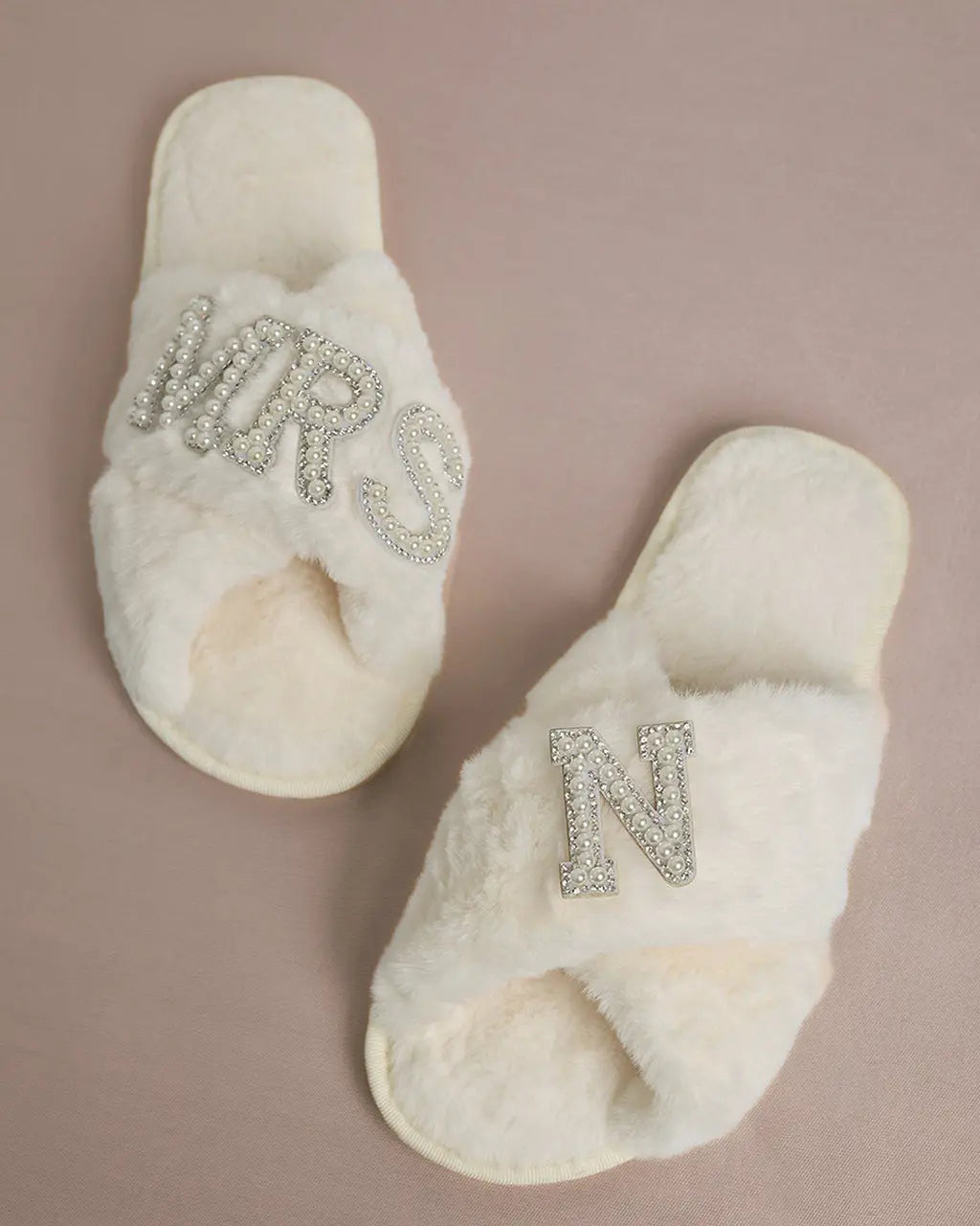 MRS & Initial Pearl Fuzzy Bridal Slippers OMFORT