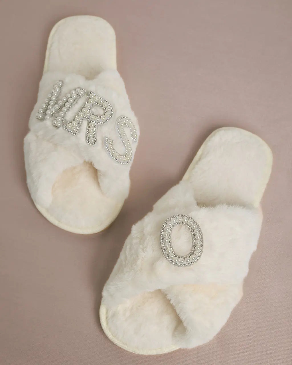 MRS & Initial Pearl Fuzzy Bridal Slippers OMFORT
