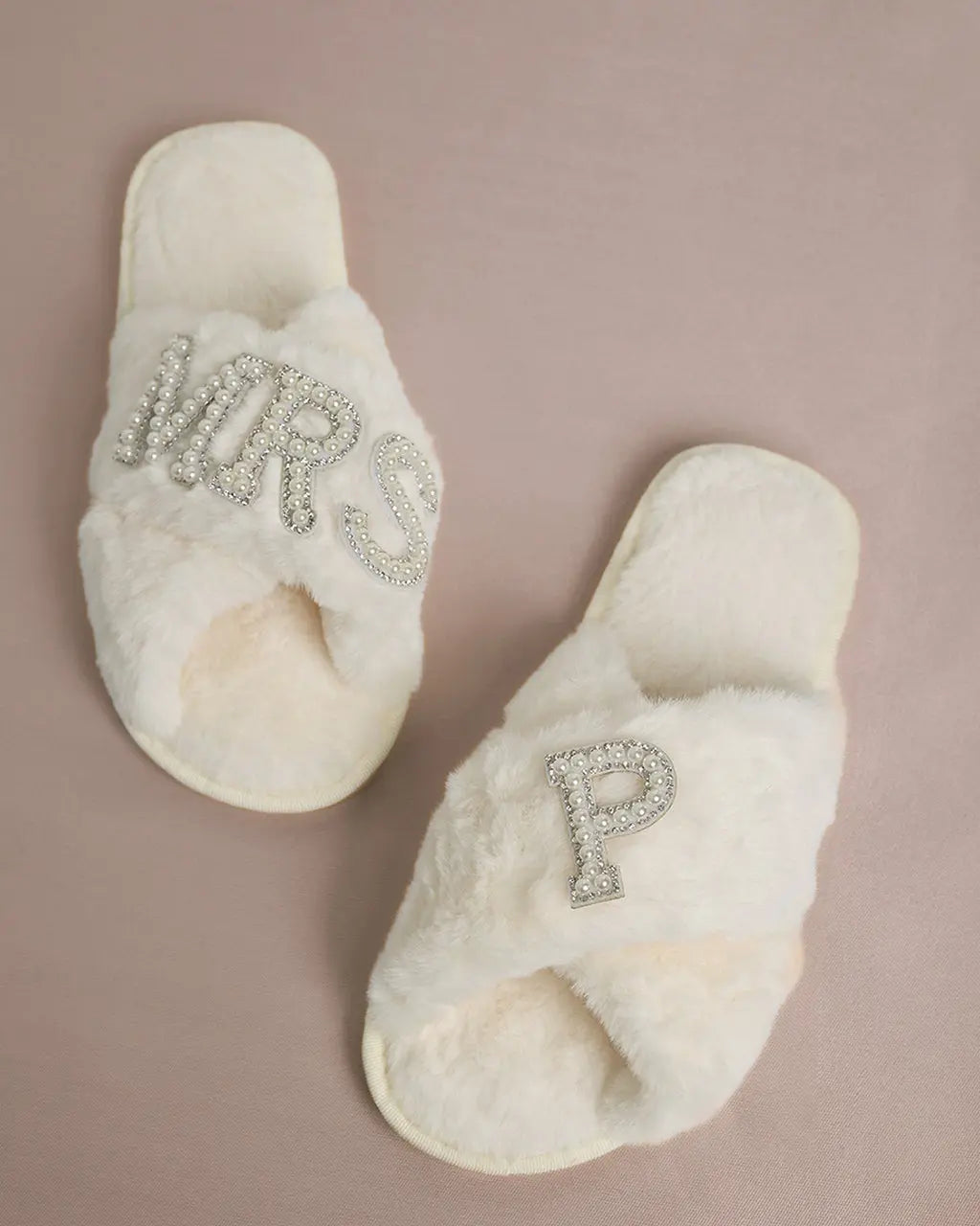 MRS & Initial Pearl Fuzzy Bridal Slippers OMFORT