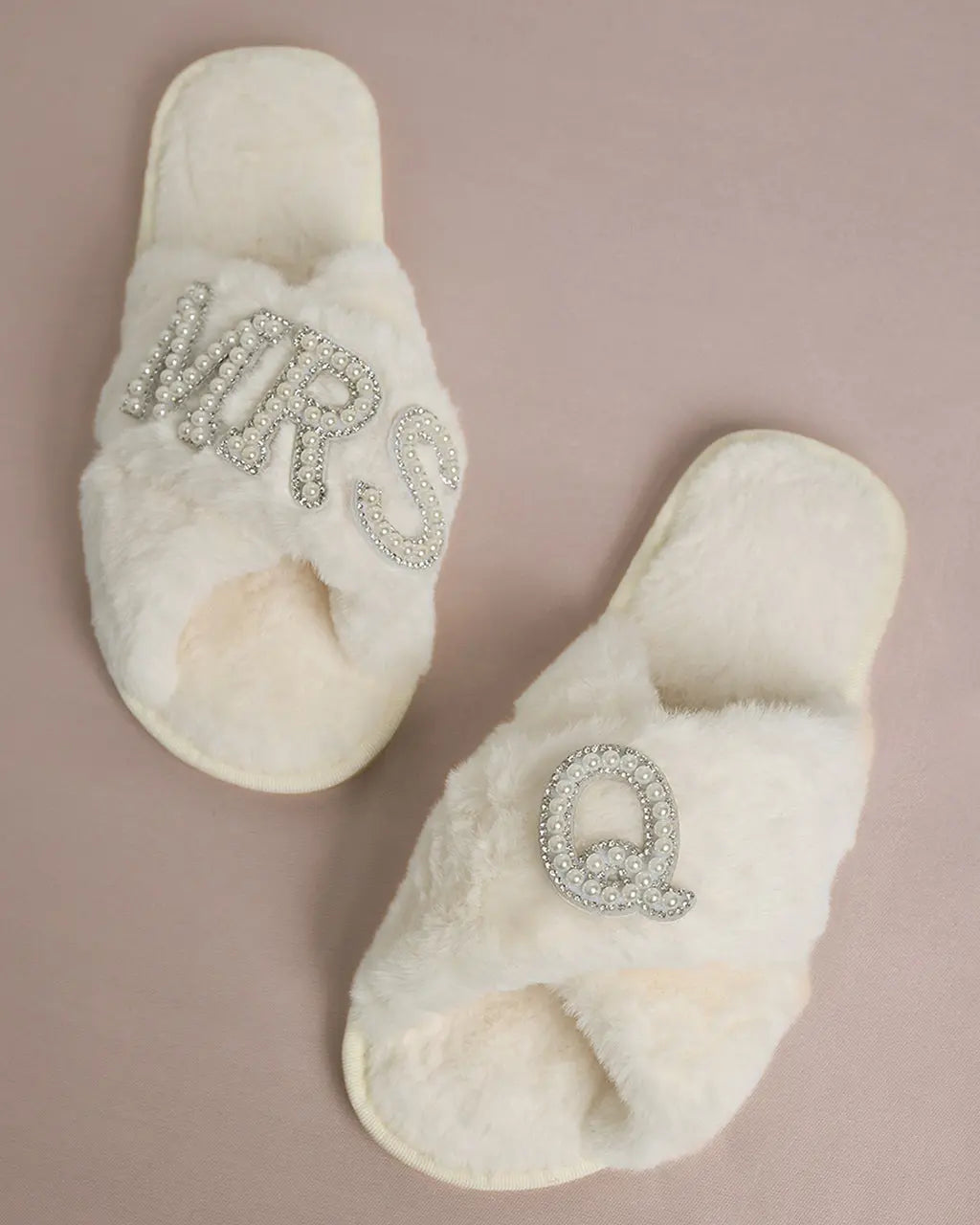 MRS & Initial Pearl Fuzzy Bridal Slippers OMFORT