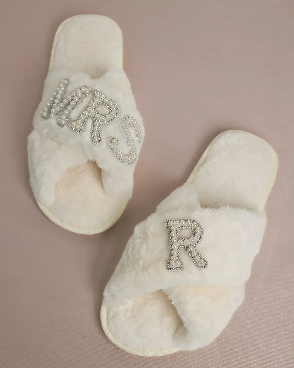 MRS & Initial Pearl Fuzzy Bridal Slippers OMFORT