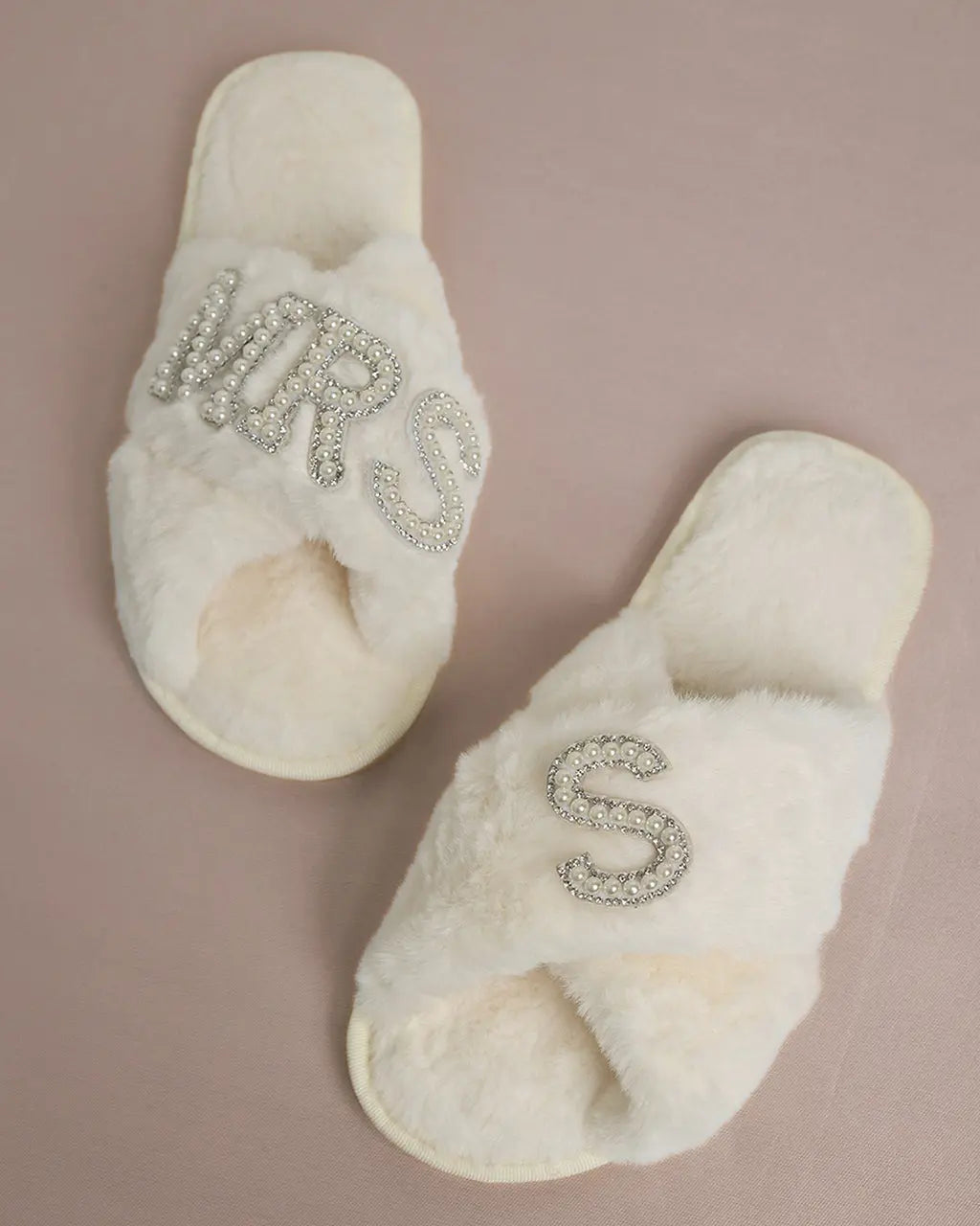 MRS & Initial Pearl Fuzzy Bridal Slippers OMFORT