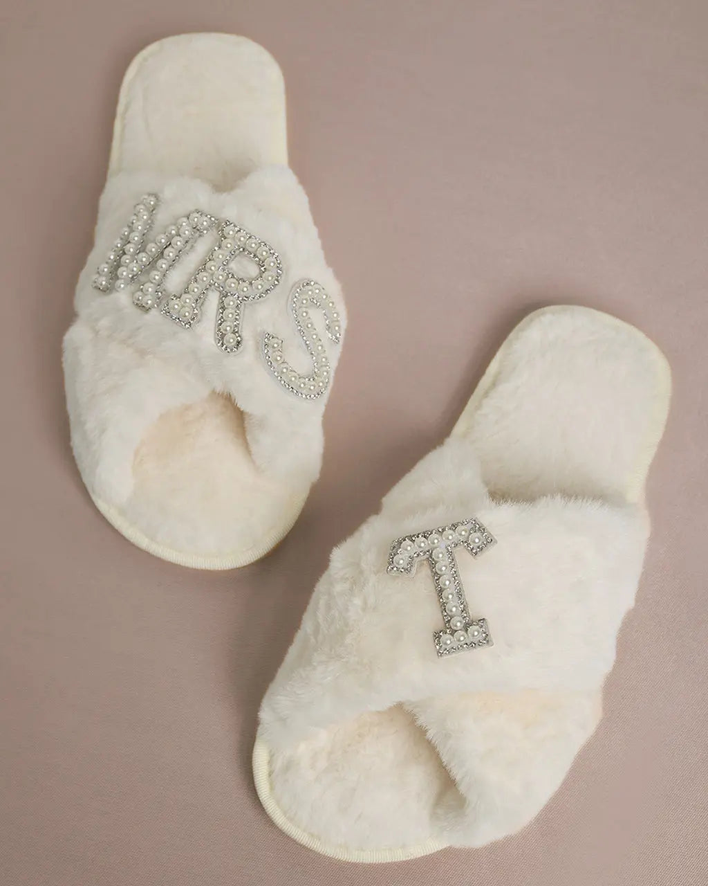 MRS & Initial Pearl Fuzzy Bridal Slippers OMFORT