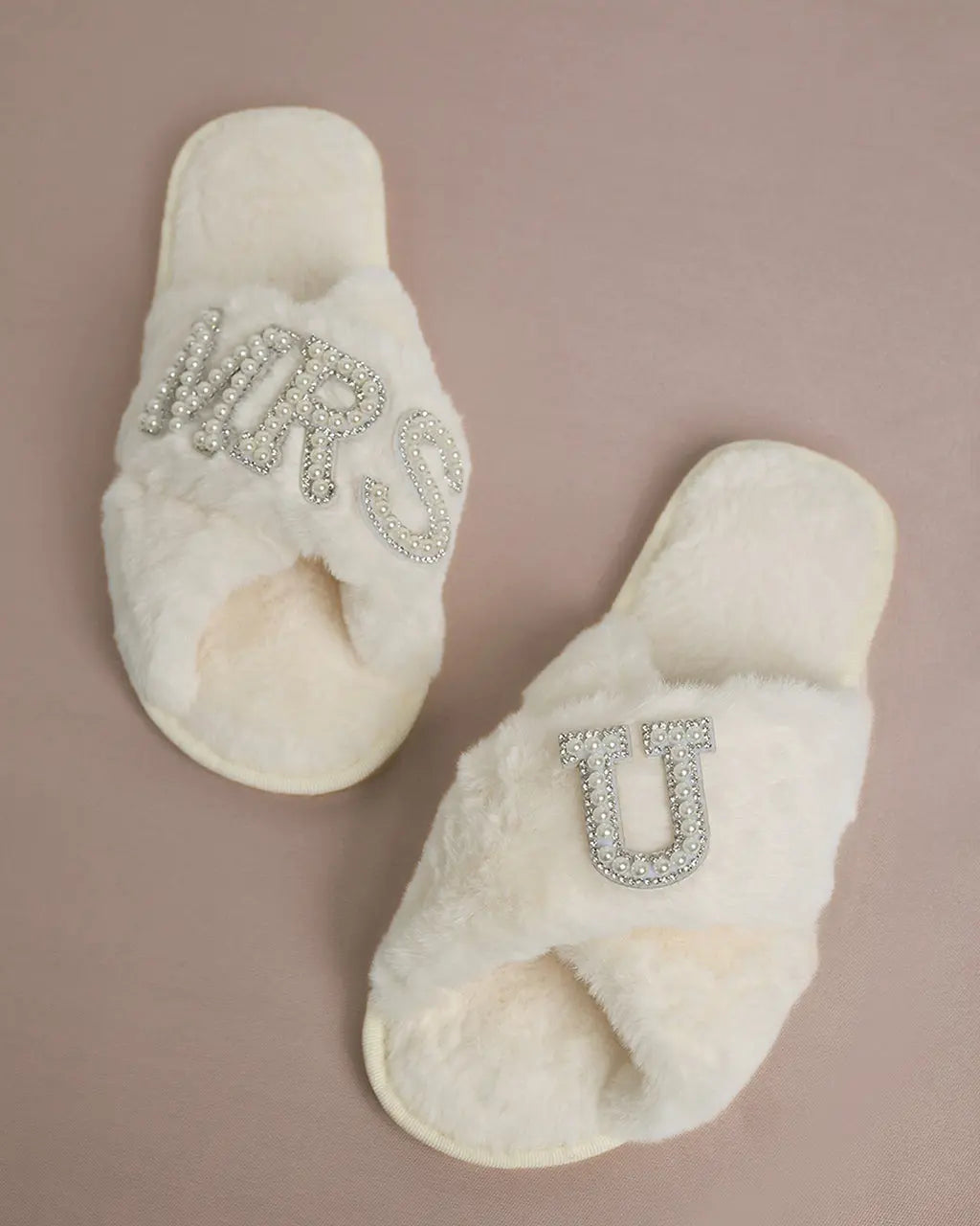 MRS & Initial Pearl Fuzzy Bridal Slippers OMFORT