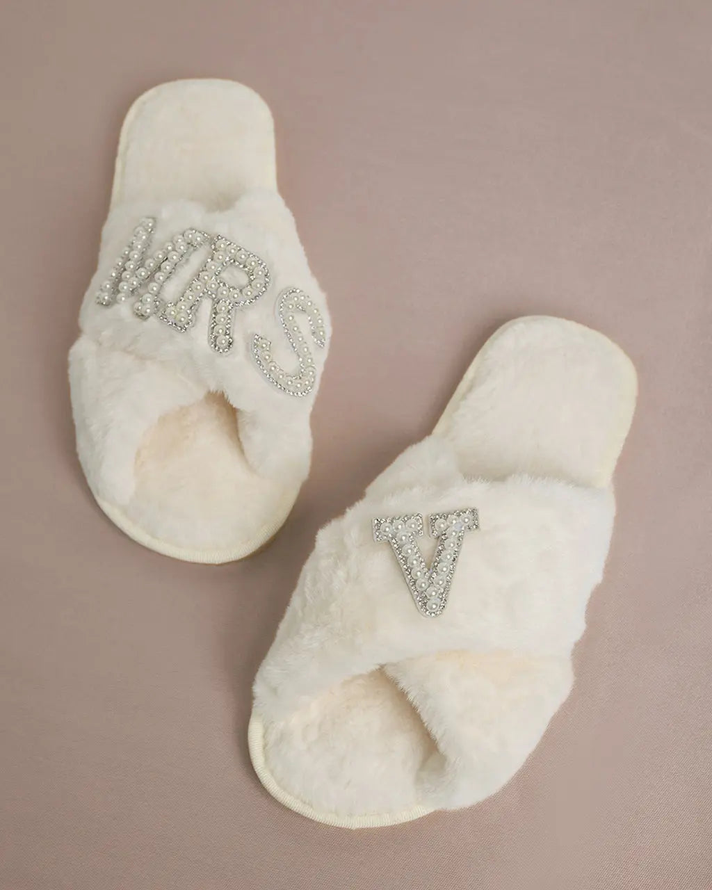 MRS & Initial Pearl Fuzzy Bridal Slippers OMFORT