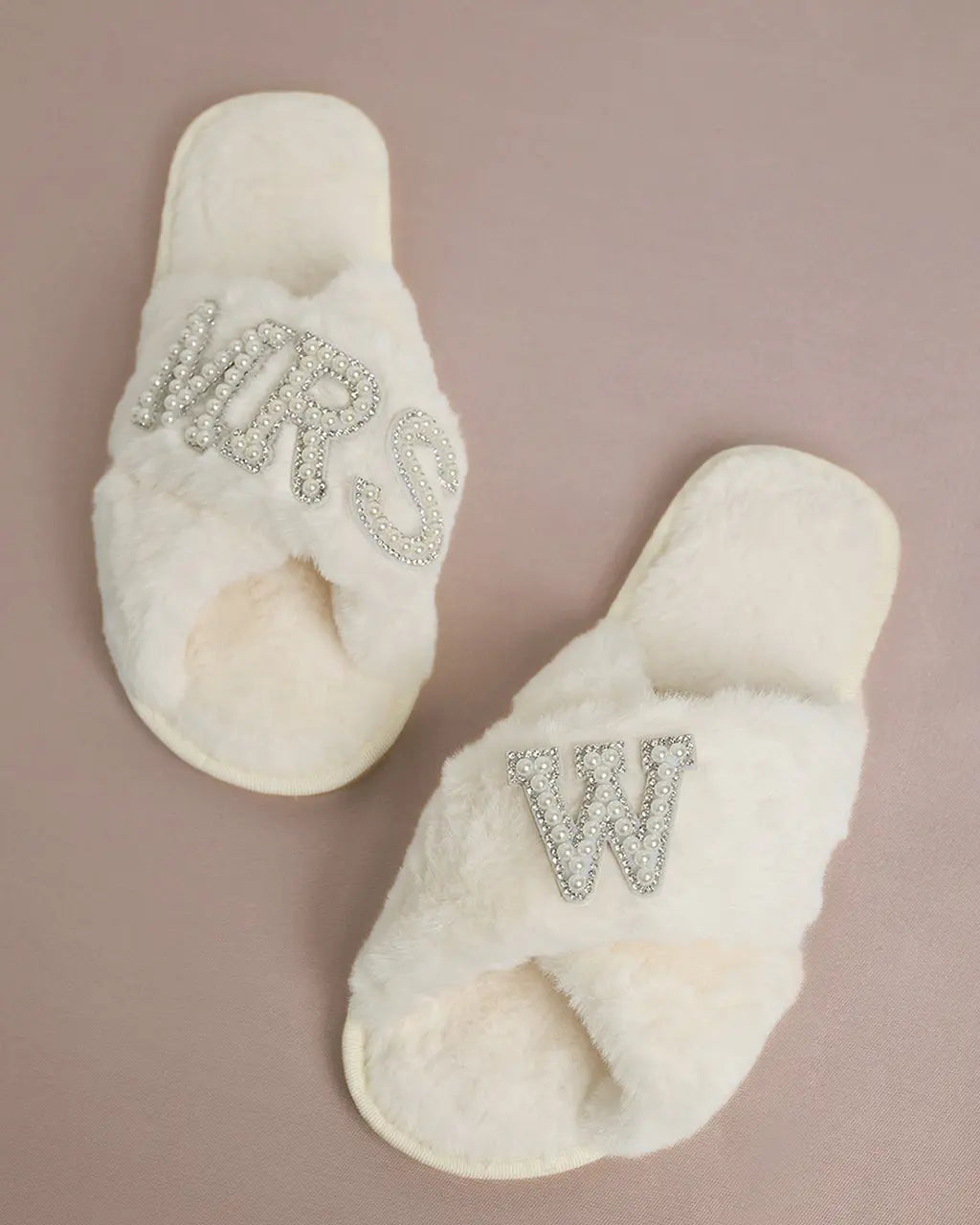 MRS & Initial Pearl Fuzzy Bridal Slippers OMFORT