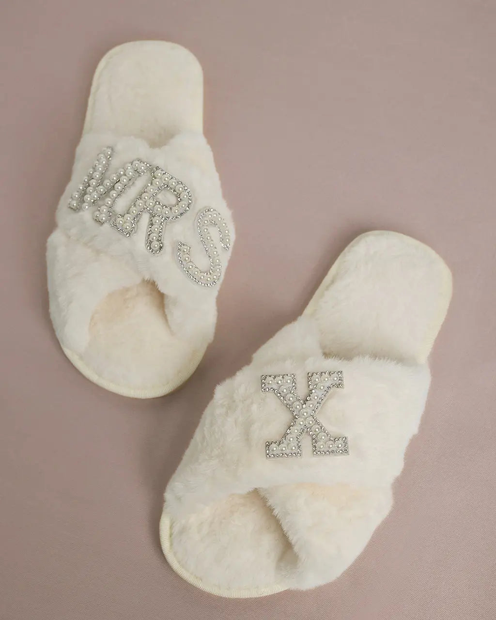 MRS & Initial Pearl Fuzzy Bridal Slippers OMFORT