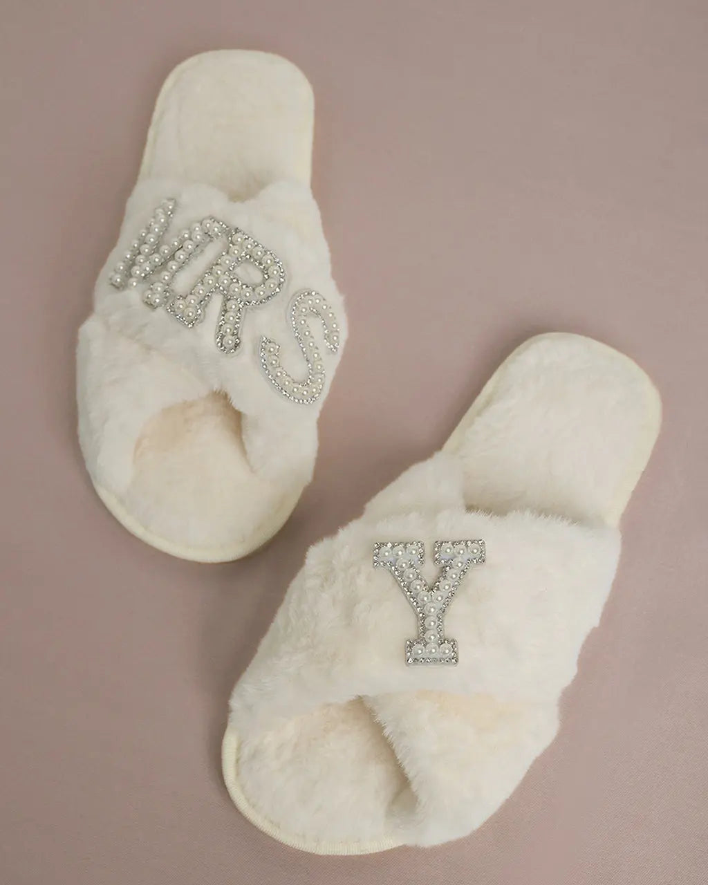 MRS & Initial Pearl Fuzzy Bridal Slippers OMFORT