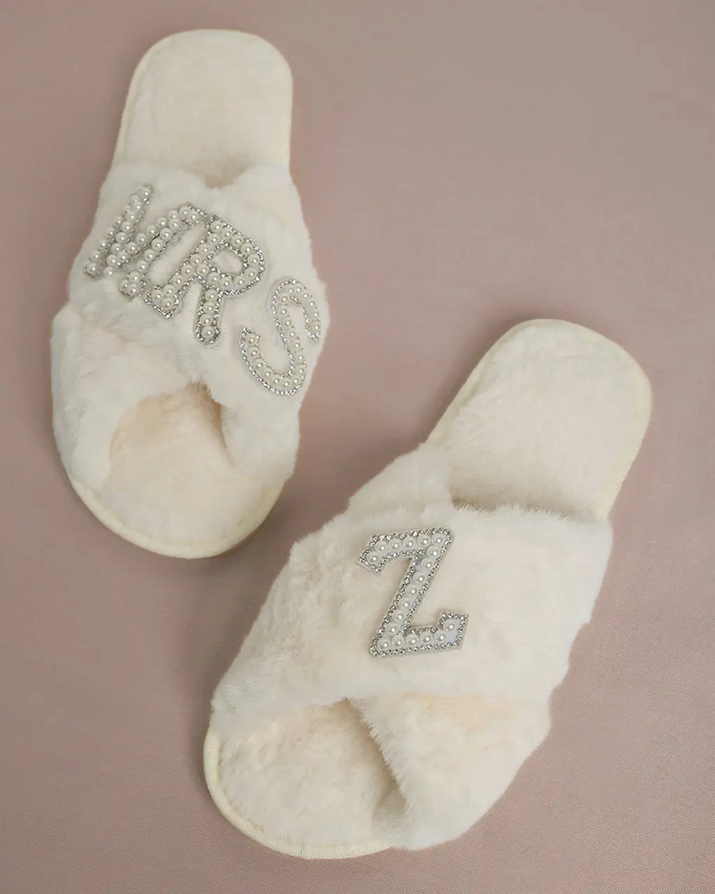 MRS & Initial Pearl Fuzzy Bridal Slippers OMFORT