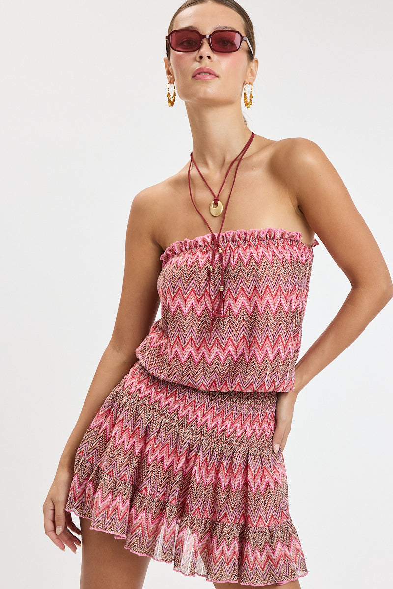 Vintage Chevron Smocked Waist Tube Mini Dress OMFORT