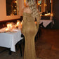 SOLACE  Khaki Sequin Off-Shoulder Long-Sleeved Bodycon Maxi Dress?