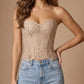 Nude Beige Elegant Strapless Lace Embroidered Corset Crop Top OMFORT