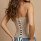 Nude Beige Elegant Strapless Lace Embroidered Corset Crop Top OMFORT