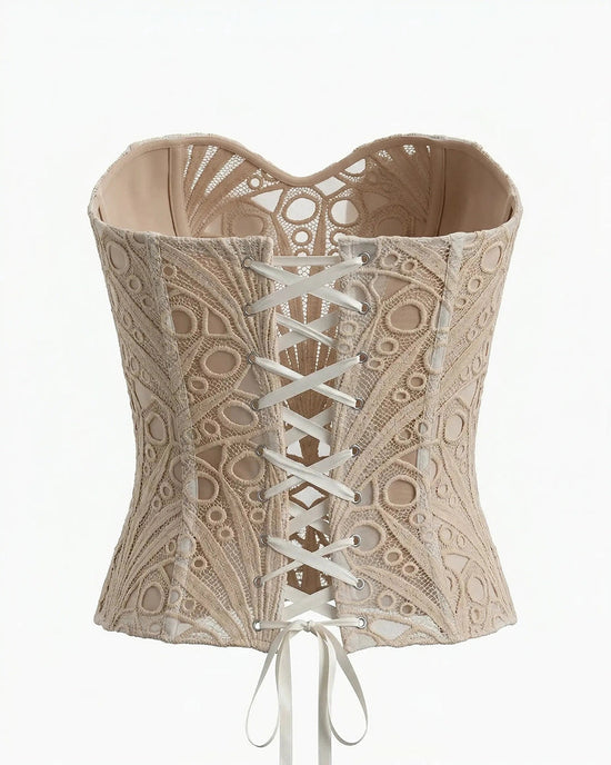 Nude Beige Elegant Strapless Lace Embroidered Corset Crop Top OMFORT
