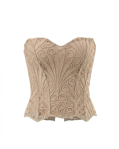 Nude Beige Elegant Strapless Lace Embroidered Corset Crop Top OMFORT