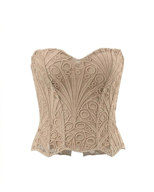 Nude Beige Elegant Strapless Lace Embroidered Corset Crop Top OMFORT