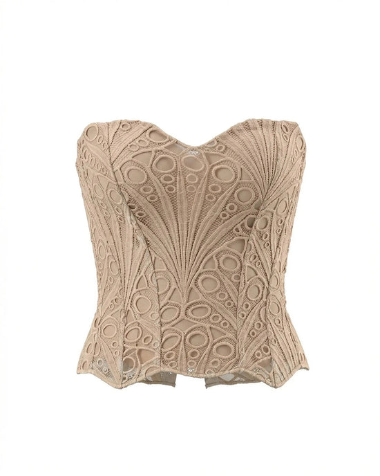 Nude Beige Elegant Strapless Lace Embroidered Corset Crop Top OMFORT