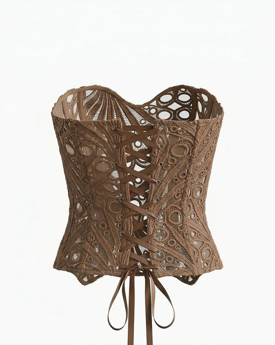 Chocolate Brown Vintage Strapless Lace Embroidered Sheer Corset Crop Top OMFORT