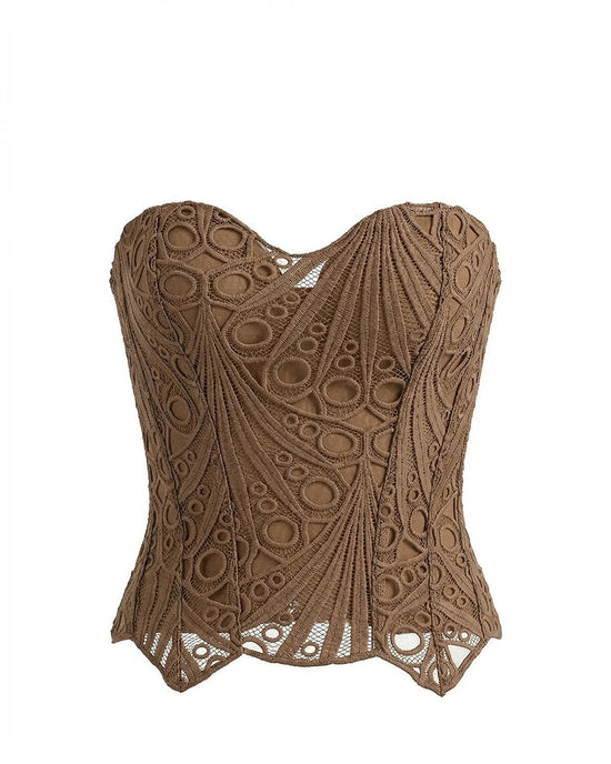 Chocolate Brown Vintage Strapless Lace Embroidered Sheer Corset Crop Top OMFORT
