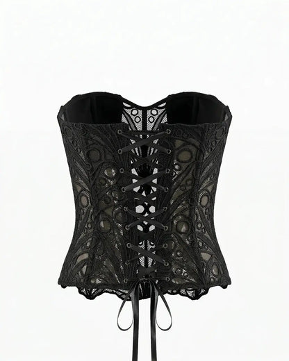 Black Strapless Lace Embroidered Sheer Corset Crop Top OMFORT