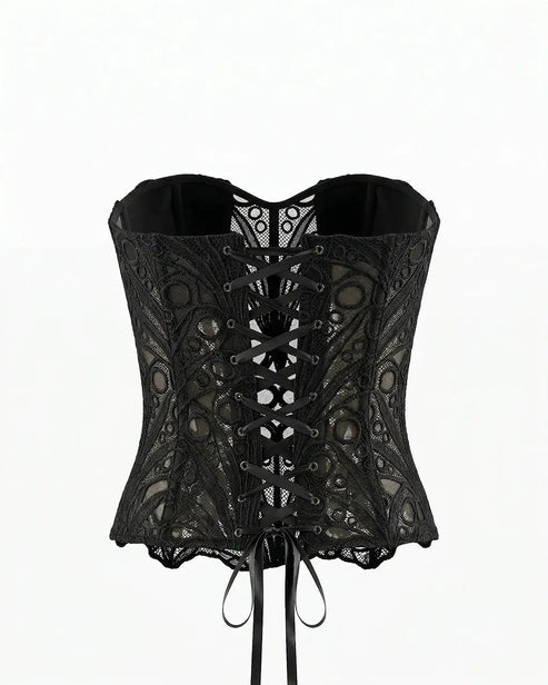 Black Strapless Lace Embroidered Sheer Corset Crop Top OMFORT