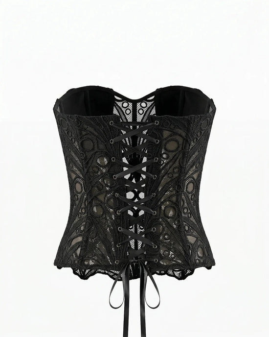 Black Strapless Lace Embroidered Sheer Corset Crop Top OMFORT