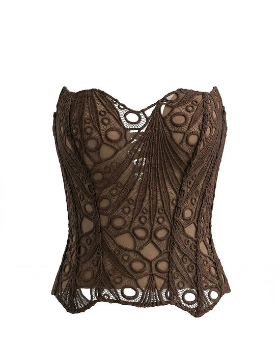 Coffee Brown Sexy Strapless Lace Embroidered Sheer Corset Crop Top OMFORT