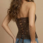 Coffee Brown Sexy Strapless Lace Embroidered Sheer Corset Crop Top OMFORT