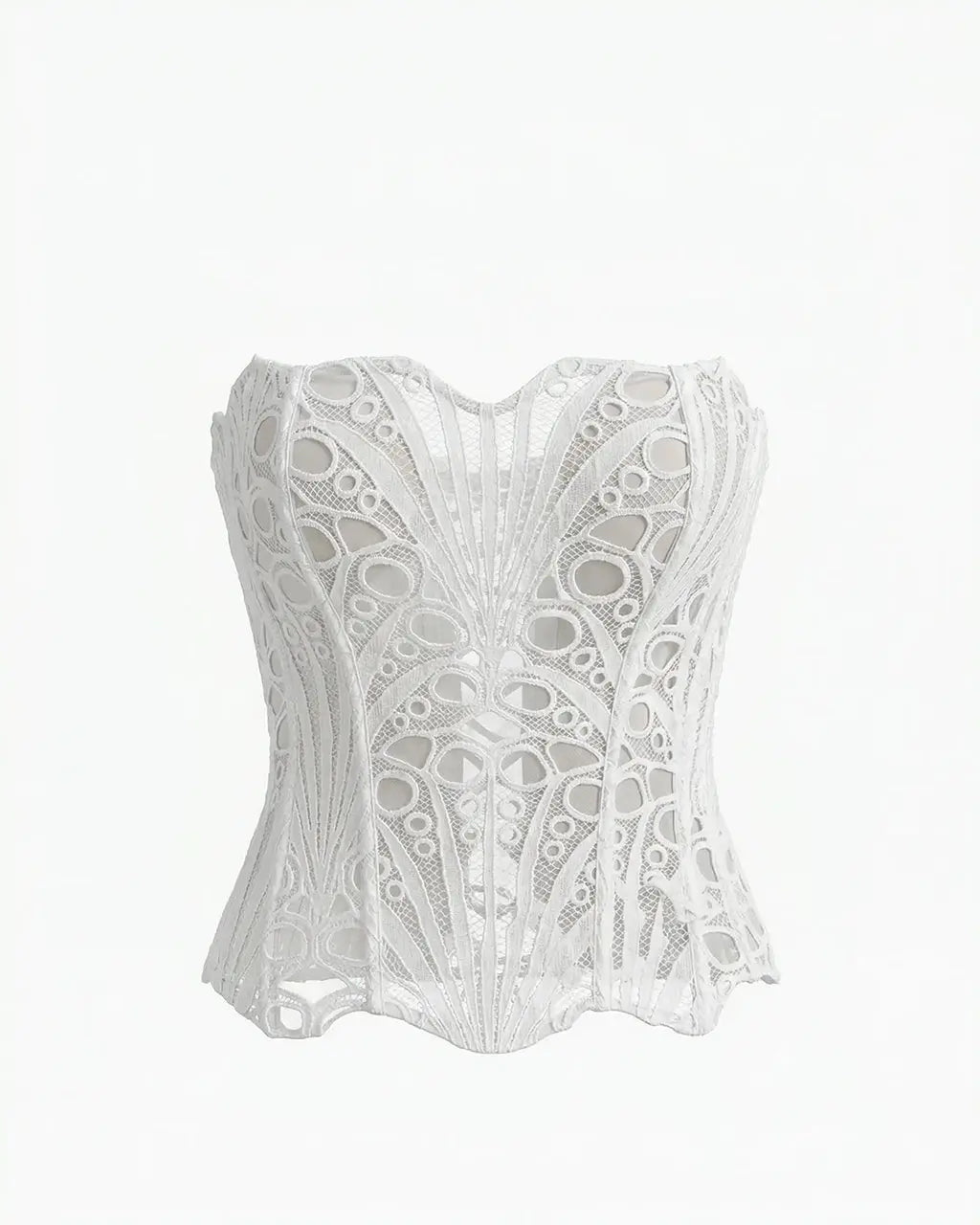 White Romantic Strapless Lace Embroidered Sheer Corset Crop Top OMFORT