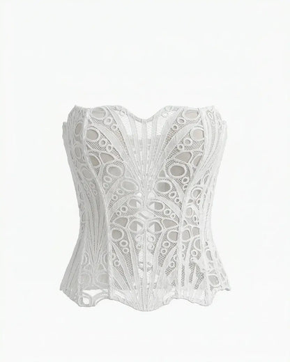 White Romantic Strapless Lace Embroidered Sheer Corset Crop Top OMFORT
