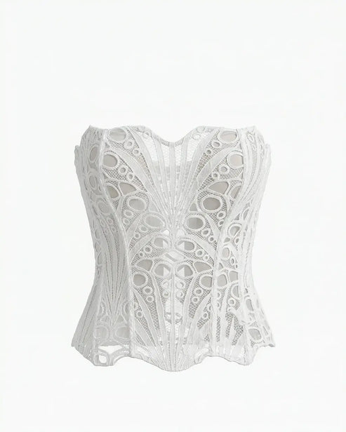 White Romantic Strapless Lace Embroidered Sheer Corset Crop Top OMFORT