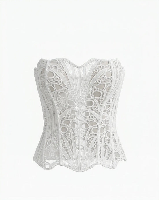 White Romantic Strapless Lace Embroidered Sheer Corset Crop Top OMFORT