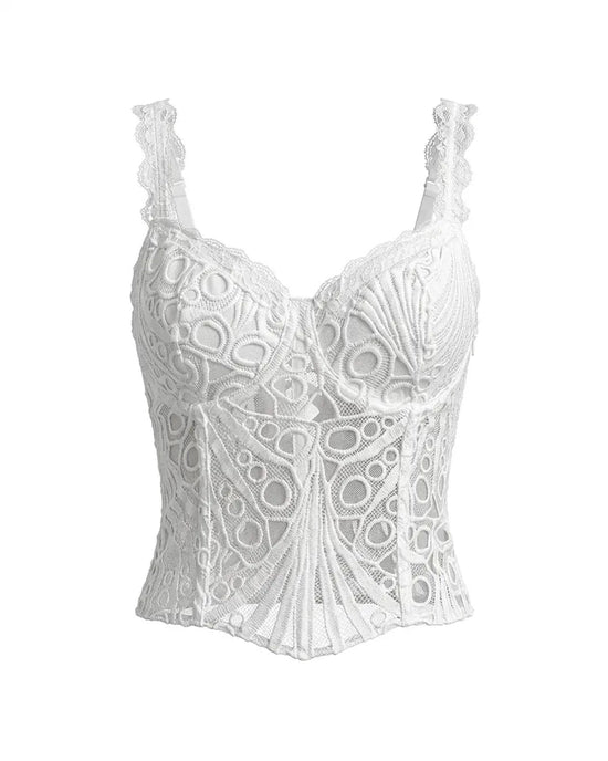 White Lace Spaghetti Strap Embroidered Corset Crop Top OMFORT