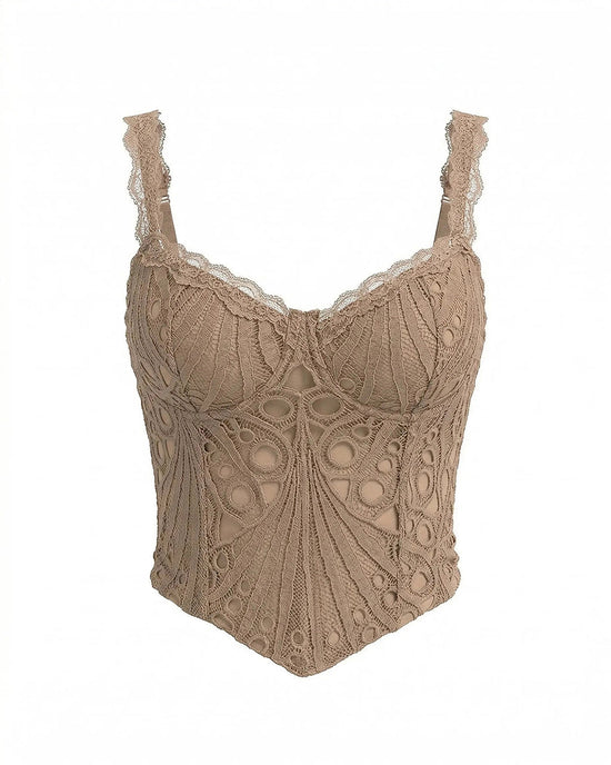 Mocha Brown Vintage Lace Spaghetti Strap Embroidered Corset Crop Top OMFORT