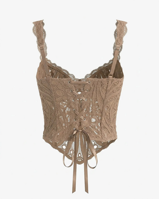 Mocha Brown Vintage Lace Spaghetti Strap Embroidered Corset Crop Top OMFORT